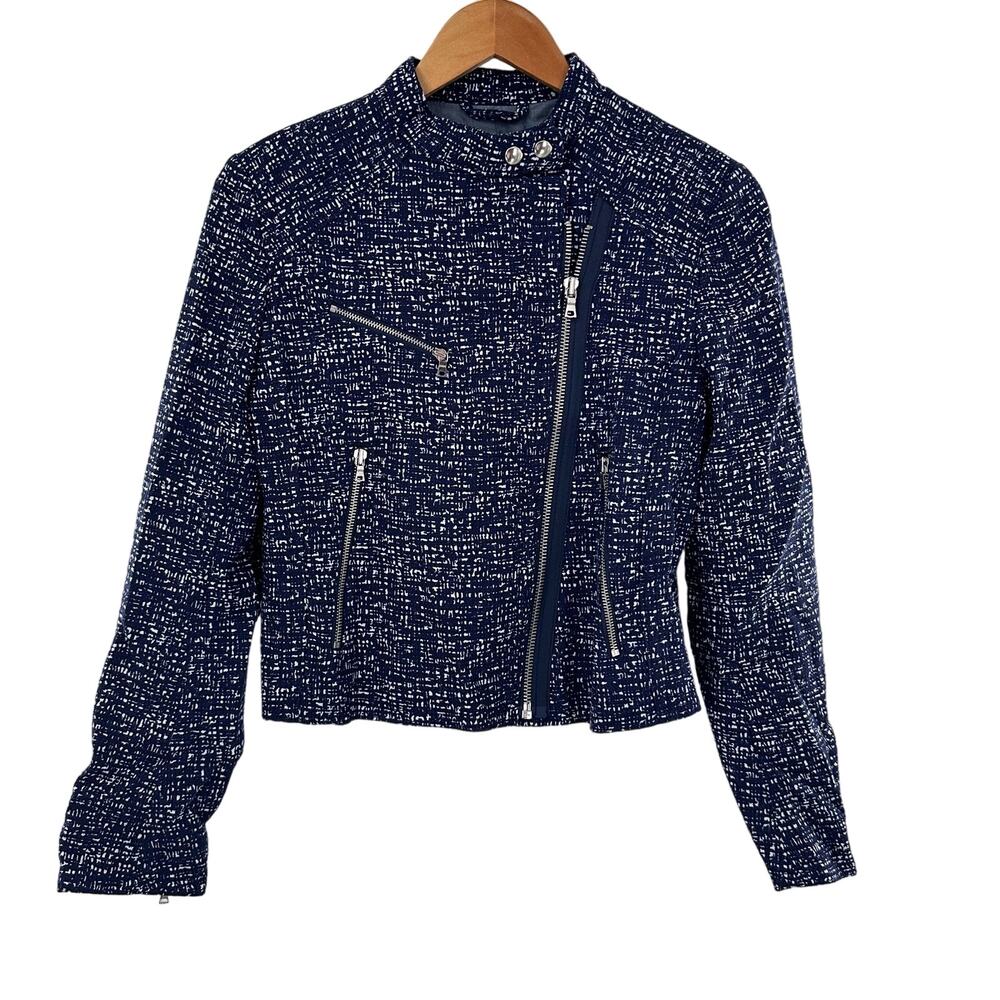 Gap Moto Jacket Wmns Small Petite‎ Navy Speckled Zip Up Asym Cotton Lined